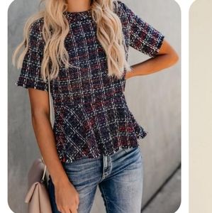 Vici Collection Perspective Peplum Top - Navy Multi - (Large) - Tweed